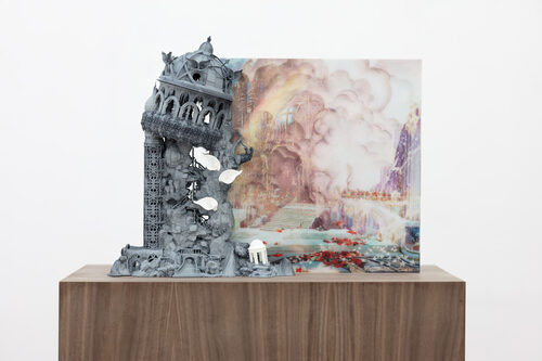 View featured artwork Far Away, the Alpine City Glimmered, Light Reflecting Off its Golden Turrets and the Icy Mountain Peaks by Genevieve Goffman